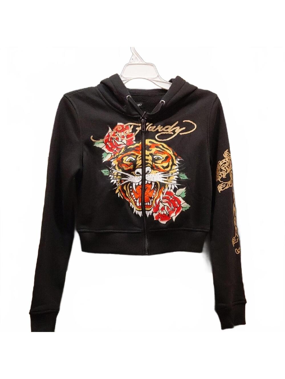 "Ed Hardy" NWT, Juniors, SZ.M, Black Hoodie with Tiger and Floral Design